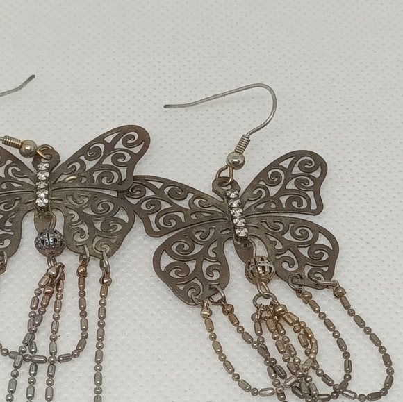 Bronze Butterfly Dangle Earrings Chandelier Fringe Drop Y2K Earrings - Picture 3 of 5